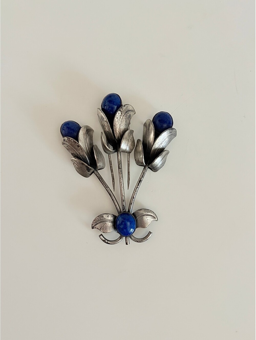Vintage Floral Pin Brooch Silver Tone Blue Cabochons